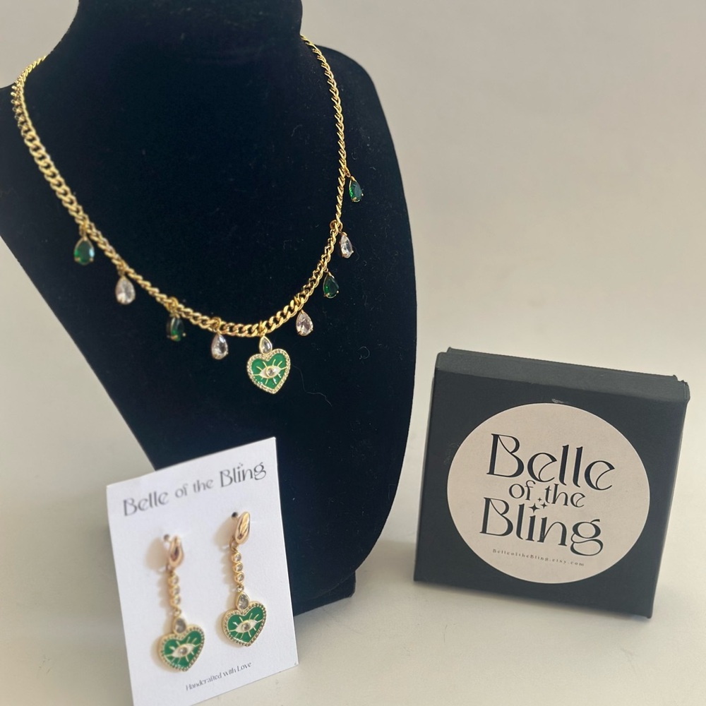 Gold and Green Wicked Evil Eye Necklace Set